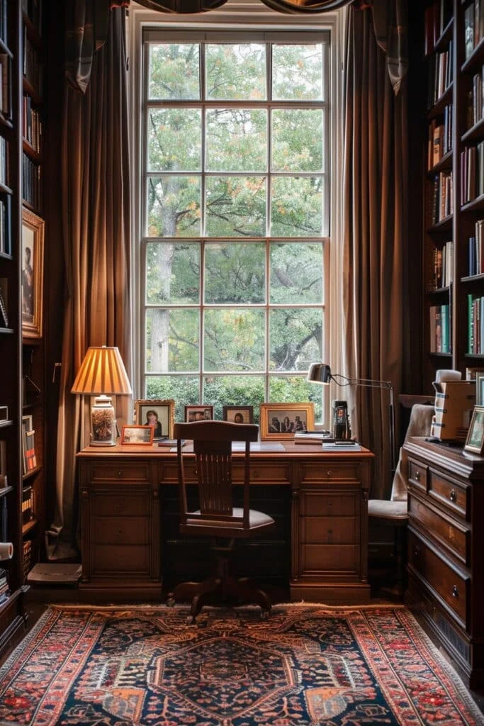 Cozy desk beside large window.