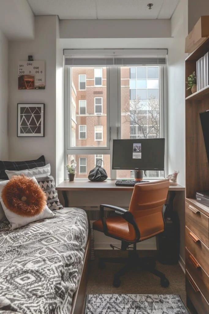 Cozy dorm room with desk and window