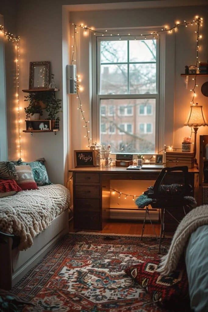 Warm, inviting dorm room with lights