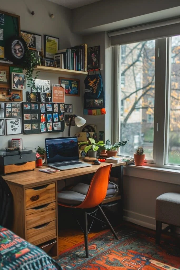 Cozy, organized study space with plants.