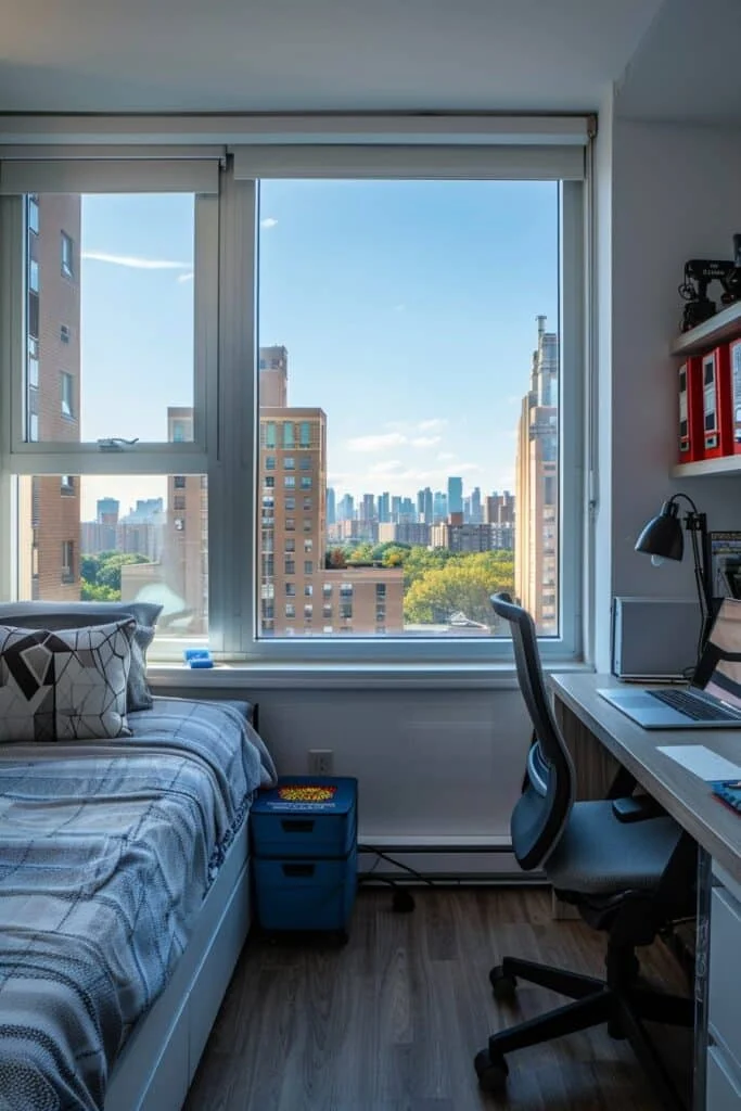 Bright room with city skyline view
