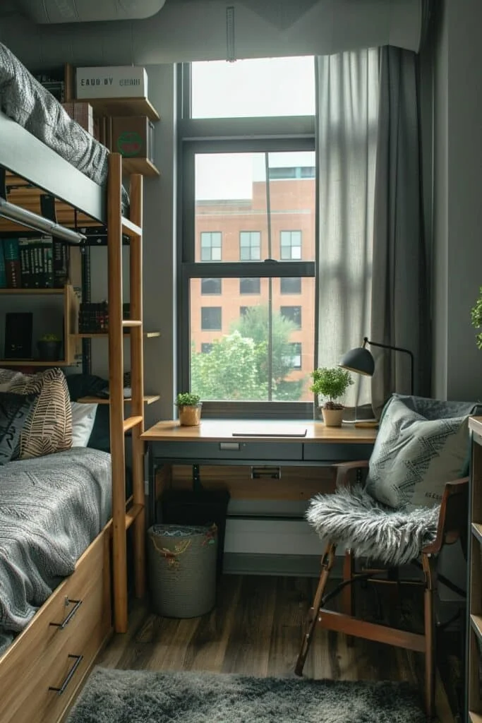 Cozy dorm room with functional workspace.